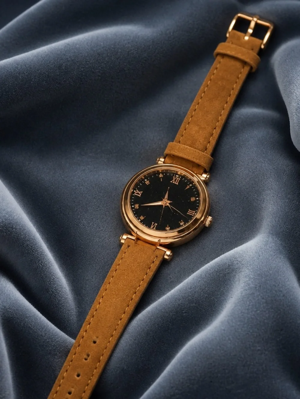 Gold Case Black Dial Watch with Olive Green Strap-Unisex